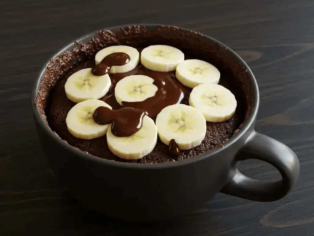 Mug cake de cacao con rodajas de banana y baño de chocolate.
